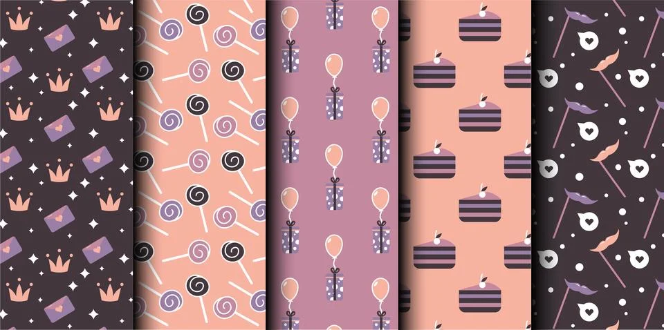 Set of birthday vector seamless pattern. Happy Birthday. Stock Illustration
