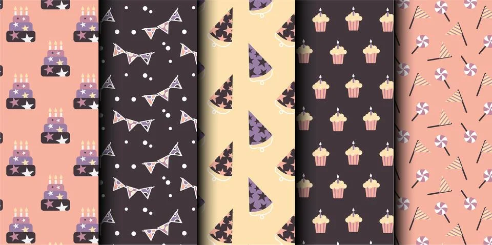 Set of birthday vector seamless pattern. Happy Birthday. Stock Illustration