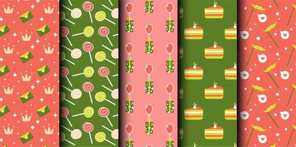 Set of birthday vector seamless pattern. Happy Birthday. Stock Illustration