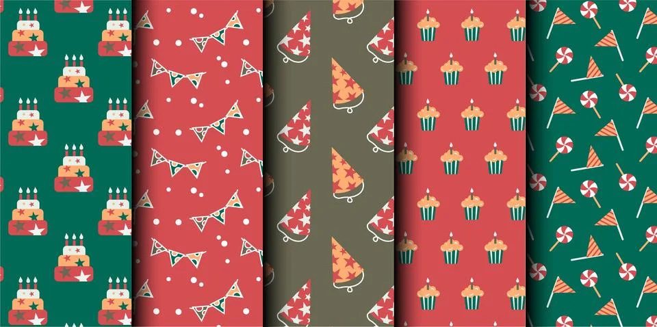 Set of birthday vector seamless pattern. Happy Birthday. Stock Illustration