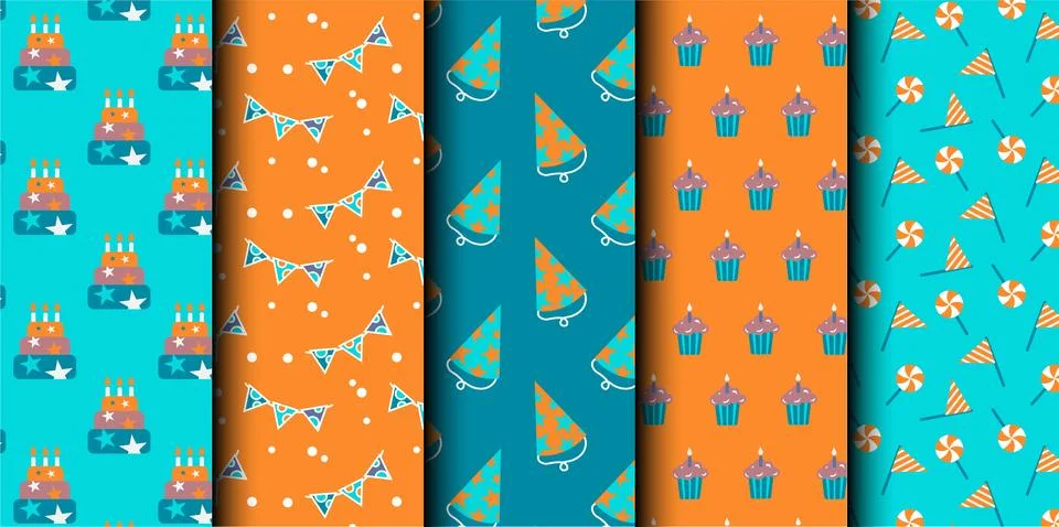 Set of birthday vector seamless pattern. Happy Birthday. Stock Illustration