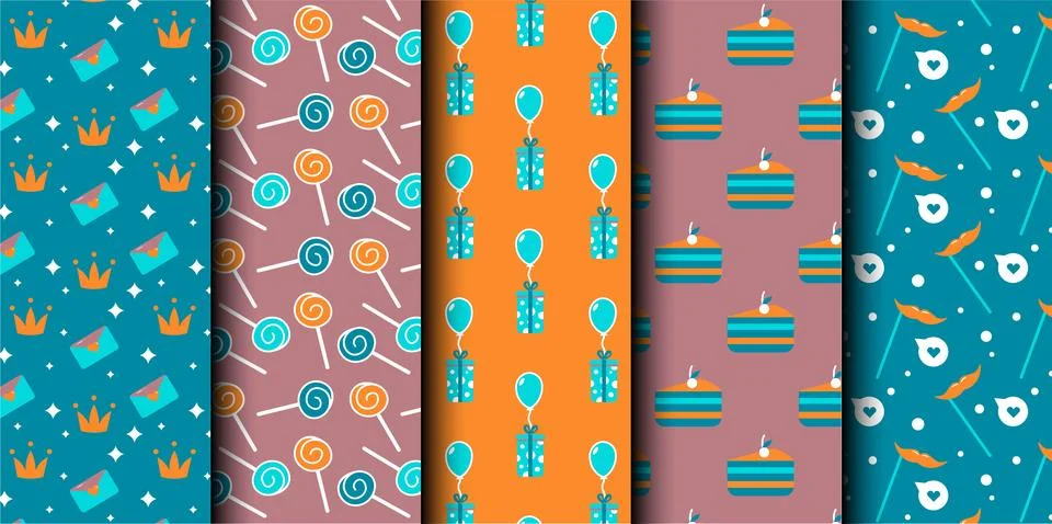 Set of birthday vector seamless pattern. Happy Birthday. Stock Illustration