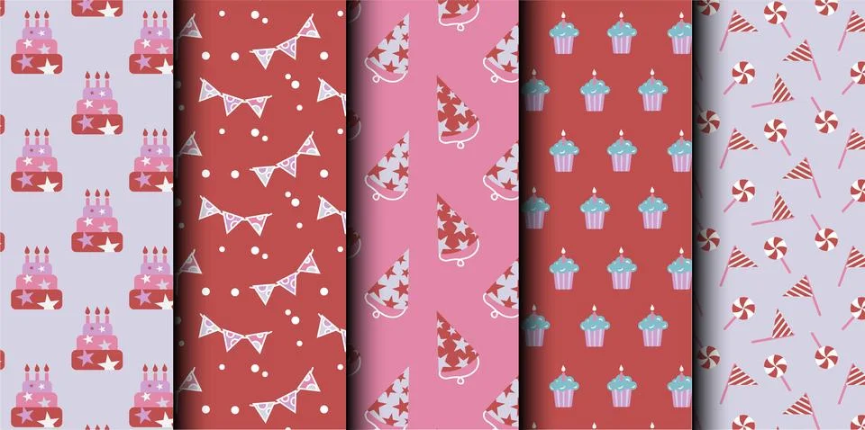 Set of birthday vector seamless pattern. Happy Birthday. Stock Illustration