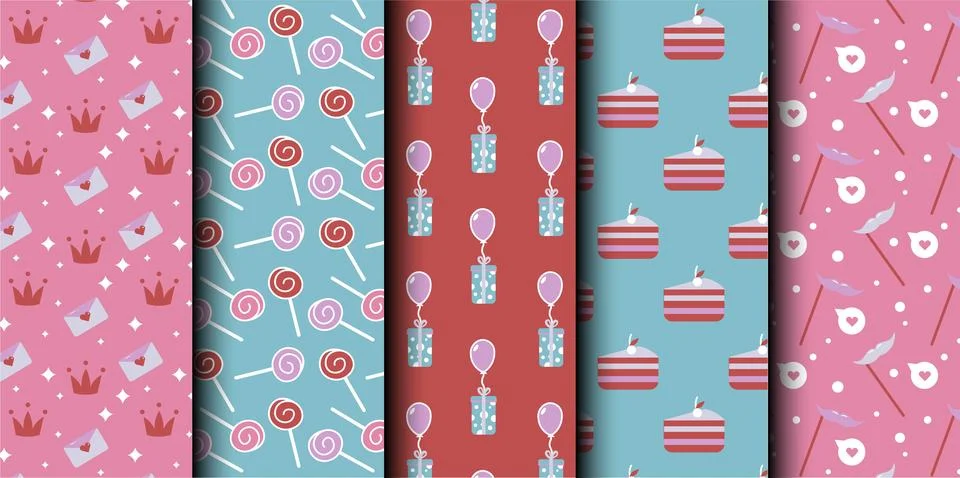 Set of birthday vector seamless pattern. Happy Birthday. Stock Illustration