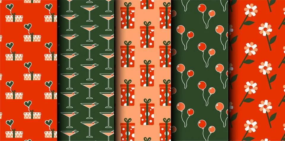 Set of birthday vector seamless pattern. Happy Birthday. Stock Illustration