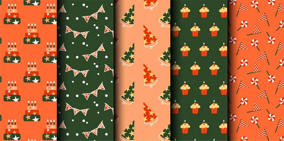 Set of birthday vector seamless pattern. Happy Birthday. Stock Illustration