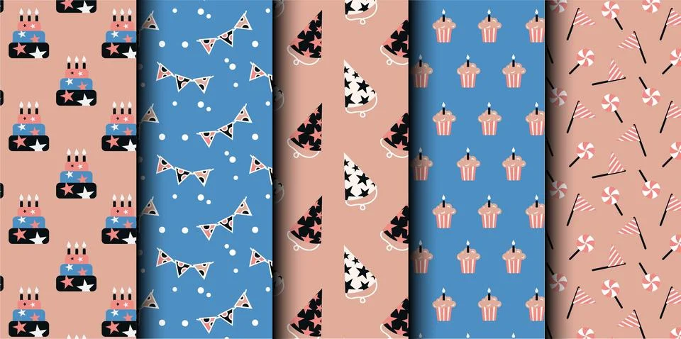 Set of birthday vector seamless pattern. Happy Birthday. Stock Illustration