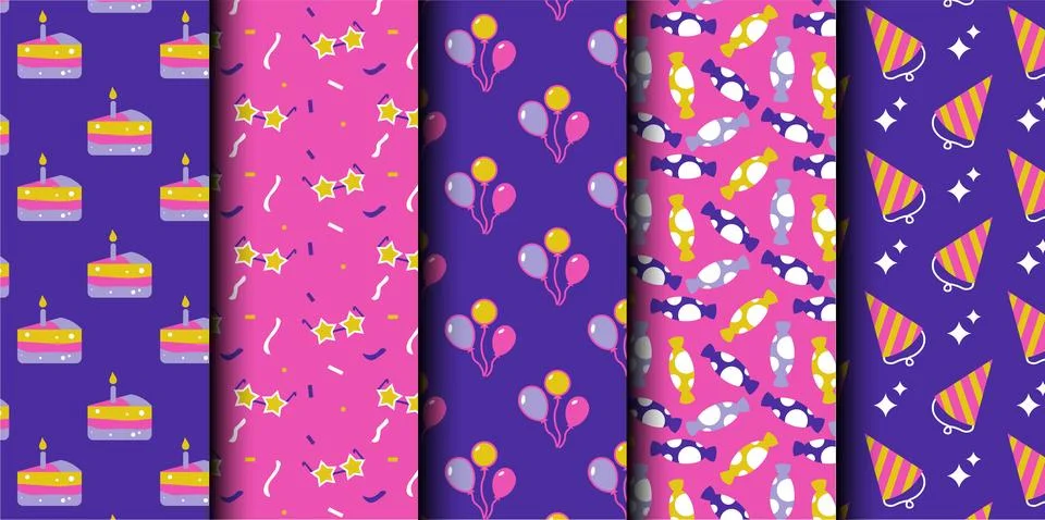 Set of birthday vector seamless pattern. Happy Birthday. Stock Illustration
