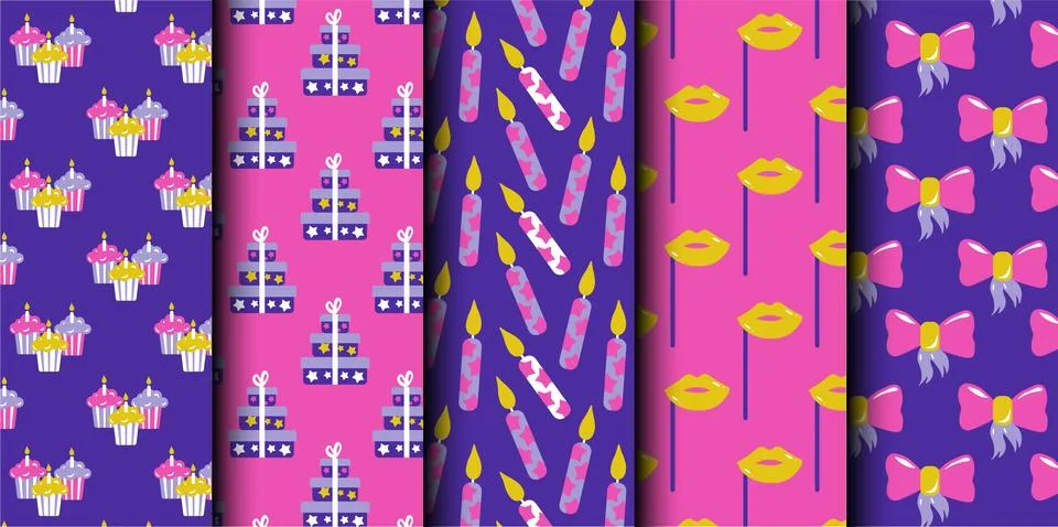 Set of birthday vector seamless pattern. Happy Birthday. Stock Illustration