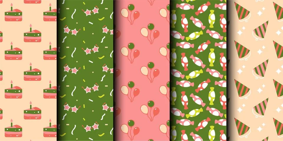 Set of birthday vector seamless pattern. Happy Birthday. Stock Illustration