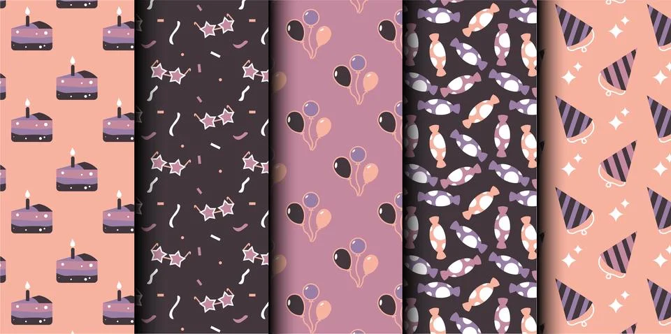 Set of birthday vector seamless pattern. Happy Birthday. Stock Illustration