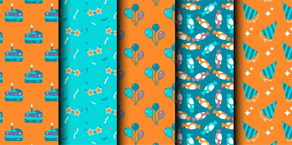 Set of birthday vector seamless pattern. Happy Birthday. Illustrazione stock