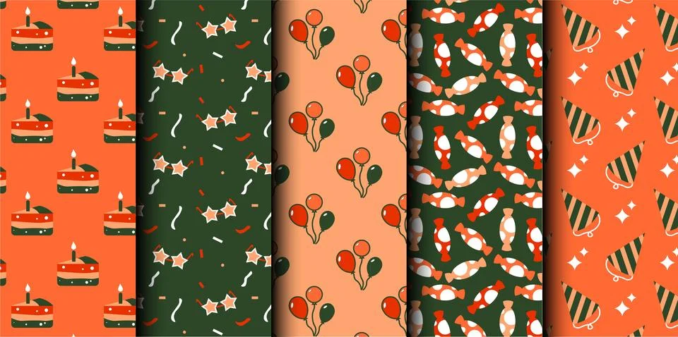 Set of birthday vector seamless pattern. Happy Birthday. Stock Illustration