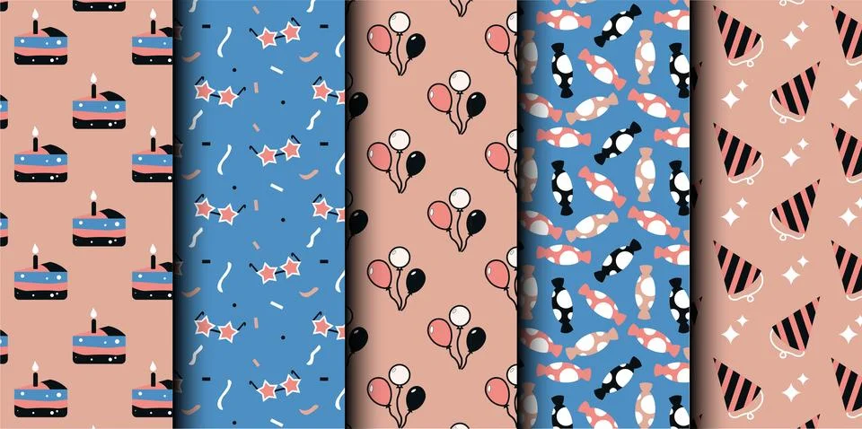 Set of birthday vector seamless pattern. Happy Birthday. Stock Illustration