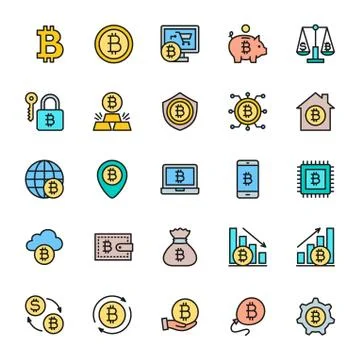 Set of Bitcoin and Cryptocurrency Flat Color Icons. Pack of 48x48 Pixel Icons Illustrazione stock