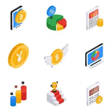 Set of Bitcoin and Data Analytics Flat Isometric Icons Illustrazione stock