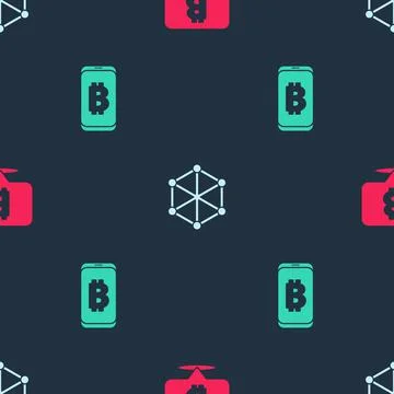 Set Bitcoin, Blockchain technology and Mining bitcoin from mobile on seamless Illustrazione stock
