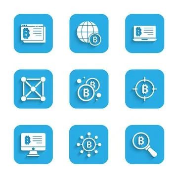 Set Bitcoin, Blockchain technology, Magnifying glass with, the target, Mining Stock Illustration