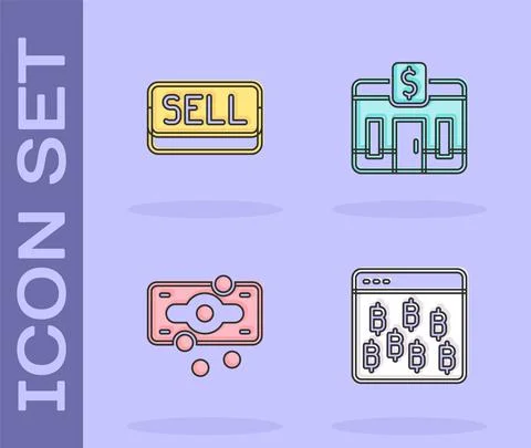 Set Bitcoin in browser, Sell button, Stacks paper money cash and Bank building イラスト素材