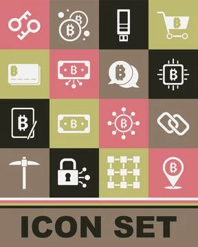 Set Bitcoin, Chain link, CPU mining farm, USB flash drive, with circuit, Credit Stock Illustration
