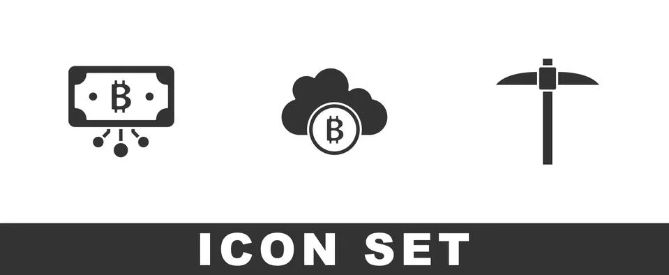 Set Bitcoin with circuit, Cryptocurrency cloud mining and Pickaxe icon. Vector Stock Illustration