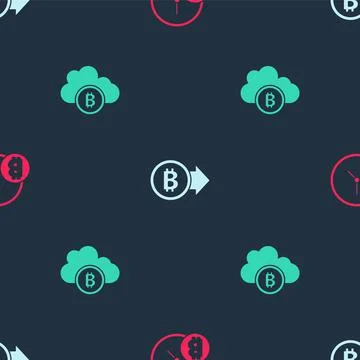 Set Bitcoin with clock, and Cryptocurrency cloud mining on seamless pattern 스톡 일러스트