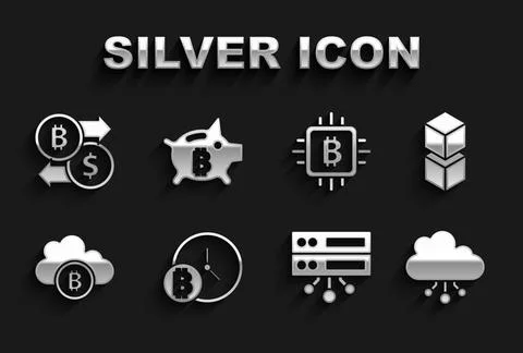 Set Bitcoin with clock, Blockchain technology, Cryptocurrency cloud mining Stock Illustration