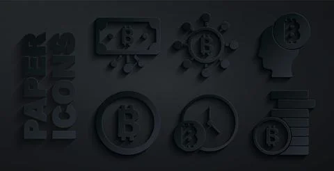 Set Bitcoin with clock, think, Blockchain technology and circuit icon. Vector Stock Illustration