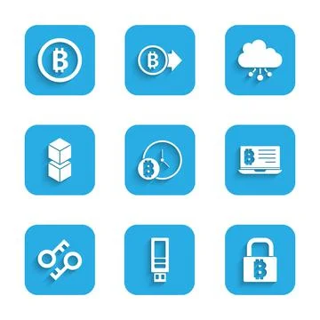 Set Bitcoin with clock, USB flash drive, Lock bitcoin, Mining from laptop Stock Illustration