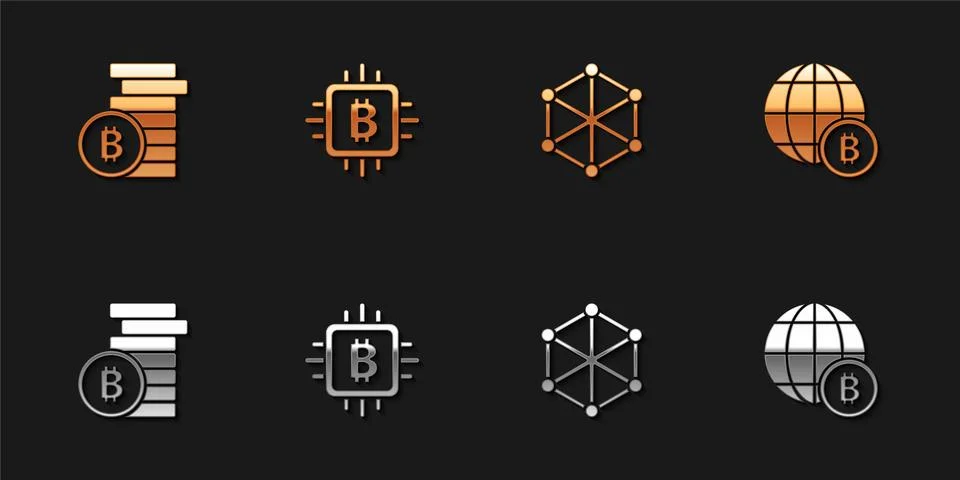 Set Bitcoin, CPU mining farm, Blockchain technology and Globe icon. Vector Illustrazione stock