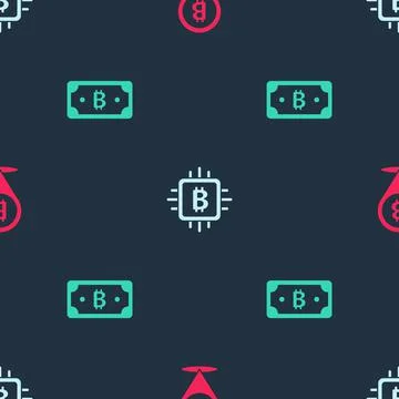 Set Bitcoin, CPU mining farm and Cryptocurrency bitcoin on seamless pattern Stock Illustration