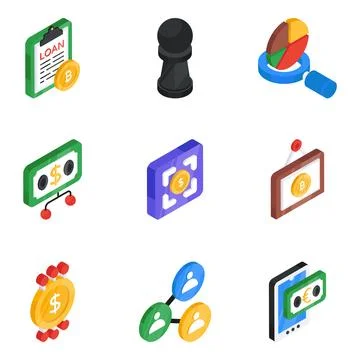 Set of Bitcoin Flat Isometric Icons Stock Illustration