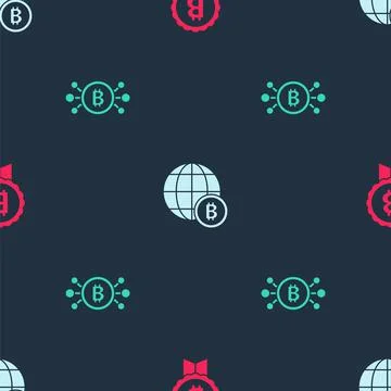 Set Bitcoin, Globe and circuit on seamless pattern. Vector Illustrazione stock