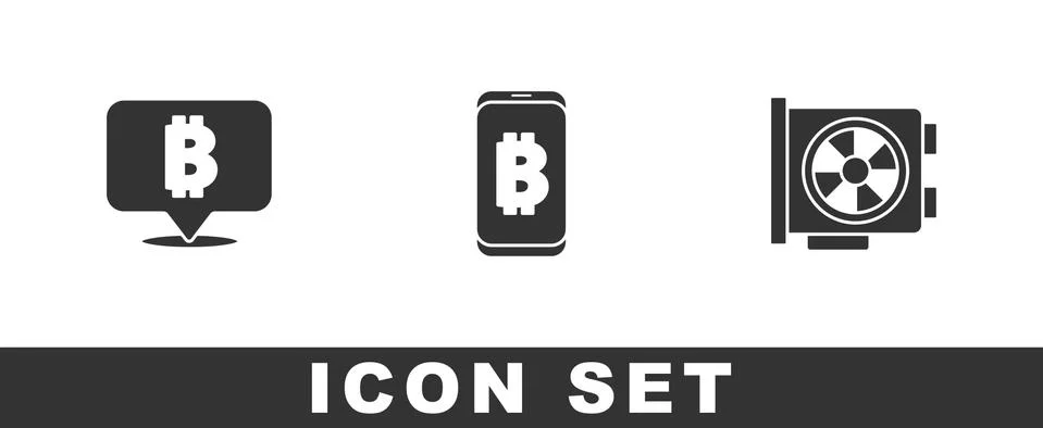 Set Bitcoin, Mining bitcoin from mobile and Video graphic card icon. Vector 스톡 일러스트