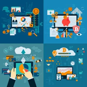 Set of Bitcoin Mining farm. Stock Illustration