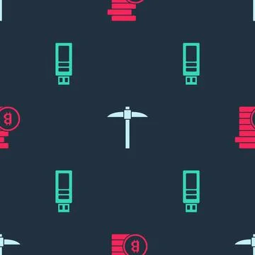 Set Bitcoin, Pickaxe and USB flash drive on seamless pattern. Vector Stock Illustration