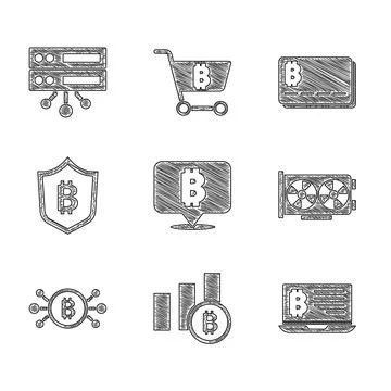 Set Bitcoin, Pie chart infographic bitcoin, Mining from laptop, Video card Stock Illustration