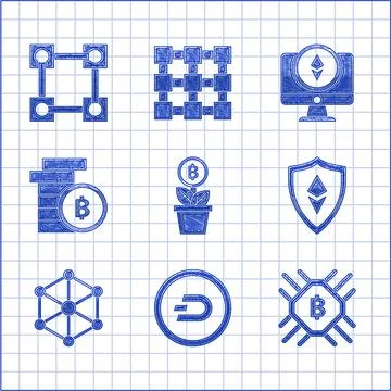 Set Bitcoin plant in the pot, Cryptocurrency Dash, CPU mining farm, Shield Illustrazione stock