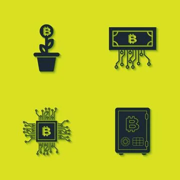 Set Bitcoin plant in the pot, Proof of stake, CPU mining farm and Cryptocurrency Stock Illustration