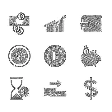 Set Bitcoin, Pos terminal, Dollar symbol, Piggy bank with, Hourglass dollar,  Stock Illustration