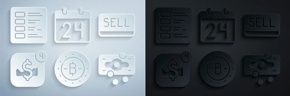 Set Bitcoin, Sell button, Mobile stock trading, Stacks paper money cash Stock Illustration