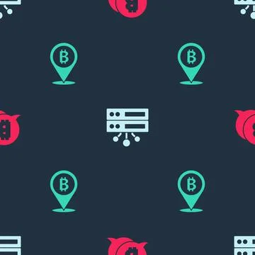 Set Bitcoin, Server and on seamless pattern. Vector イラスト素材