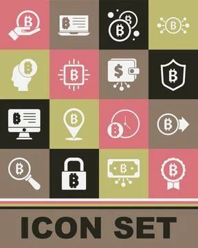 Set Bitcoin, Shield with bitcoin, CPU mining farm, think, Hand holding and Illustrazione stock