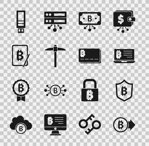 Set Bitcoin, Shield with bitcoin, Mining from laptop, circuit, Pickaxe, tablet 스톡 일러스트