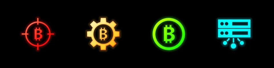 Set Bitcoin in the target, Cryptocurrency, and Server icon. Vector Illustrazione stock