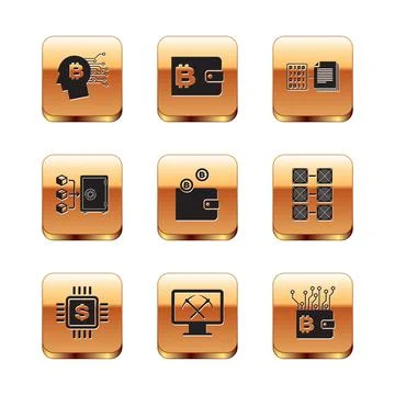 Set Bitcoin think, Processor chip with dollar, Mining monitor and pickaxe Stock Illustration