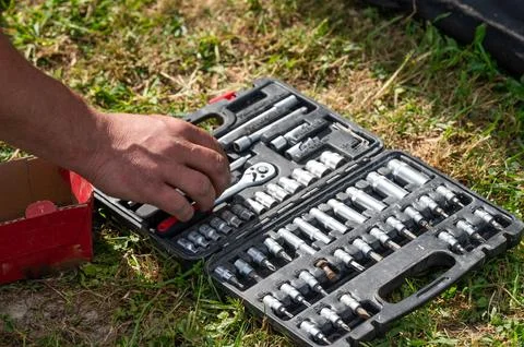 A set of bits for driving screws of various sizes and thicknesses. Fotos de archivo