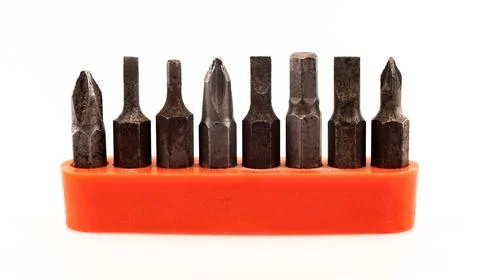 Set of bits for screwdriver. Metal bits for screwdriver. Tool set Stock Photos