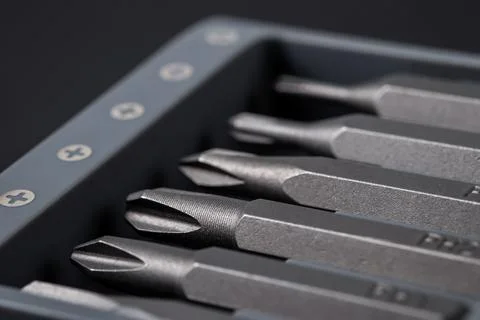 Set of bits for screwdriver. Metal bits for screwdriver. Tool set for house.. 스톡 사진