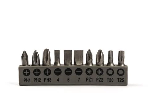 Set of bits for screwdrivers on white background . Stock-Fotos